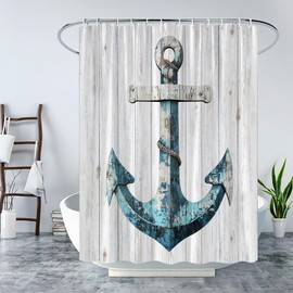Nautical Anchor Shower Curtain Vintage Ocean Beach Sea Rustic Coastal Teal Blue Mottled Anchor Marine Rustic Retro Grunge Wooden Planks Fabric Bathroom Curtain Set with Hook