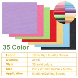 Buryeah 35 Pcs Solid Color Cotton Fabric 20 x 20 Inch (50cm x 50cm) Squares Quilting Patchwork Precut Fabric Bundles Multicolor Sewing Supplies for Beginners DIY Craft, Patchwork, Scrapbooking Cloth