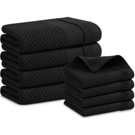 Homaxy Kitchen Towels and Dishcloths Set, 12 x 12 and 13 x 28 Inches, Set of 8 100% Cotton Waffle Weave Kitchen Towels, Super Soft and Absorbent Dish Cloths, Black