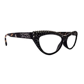 NY FIFTH AVENUE The Lynx, (Bling) Reading Glasses 4 Women W 2x (Full Top) (Hematite) Genuine European Crystal, Magnifying Cat Eye (Black, Leopard) (1.50)