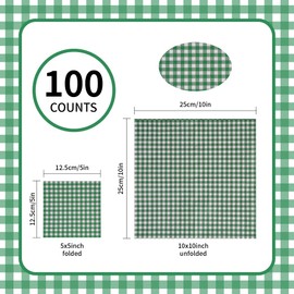 Ottin Ottin 100-Pack Disposable Green and White Gingham Paper Napkins - 5x5 Inch Checkered Cocktail Napkins for Weddings, Saint Patrick's Day Party, Picnics, Birthdays, BBQ, and Farm Themed Events (Bulk)