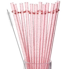 12Pcs Reusable Plastic Straws Colorful Plastic Straws, 11 Inch Long Hard Cup Drinking Straw with Cleaning Brush-Pink