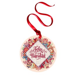 Ambesonne Spanish Flat Ornament, Christmas Elements and Celebration Theme Feliz Navidad Message in Spanish Language, Circle Aluminum Semi Gloss Hanging Decor Tree Decoration, 3.9" Round, Burgundy Pink