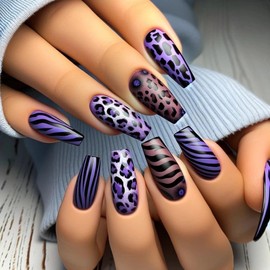 MERVF Coffin Press on Nails Long Fake Nails Purple Leopard Glue ons Ballerina Animal Print Design Acrylic Nail Supplies DIY Wild Manicure Glossy 24pcs