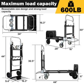 3 in 1 Convertible Hand Truck Dolly with Brakes,Heavy Duty Folding Hand Truck with 600LB Capacity,Portable Dolly Cart with Rubber Wheels and Telescoping Handles for Moving