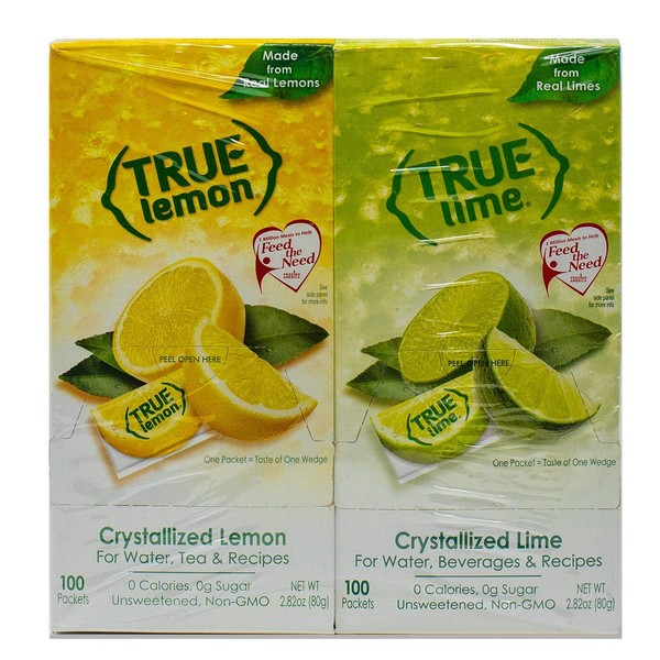 True Lemon and True Lime Crystallized Beverage Powder- Made from Real Lemon & Limes -100 Lemon & 100 Lime Packets