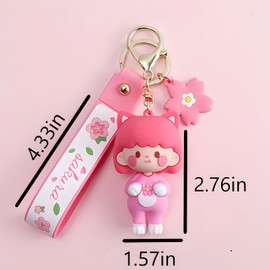 Suitable for cute girl Kawaii character keychain, with cherry blossom strap, pink color, backpack decoration, family keychain