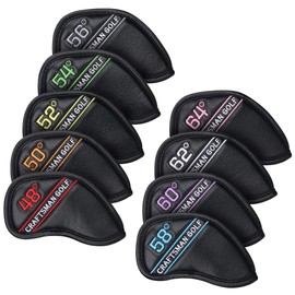 CRAFTSMAN Golf Wedge Cover, Iron Cover, Head Cover, Set of 9 (48°, 50°, 52°, 54°, 56°, 58°, 60°, 62°, 64°), Colorful Numbers Embroidery, Velcro Closure, Synthetic Leather, Black