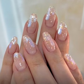 Bling Coffin Press on Nails Medium French Fake Nails with Aurora Glitter Designs French Press on False Nails Nude Pink Acrylic Nails Glossy Reusable Glue on Nails for Women Girls DIY Manicure 24Pcs