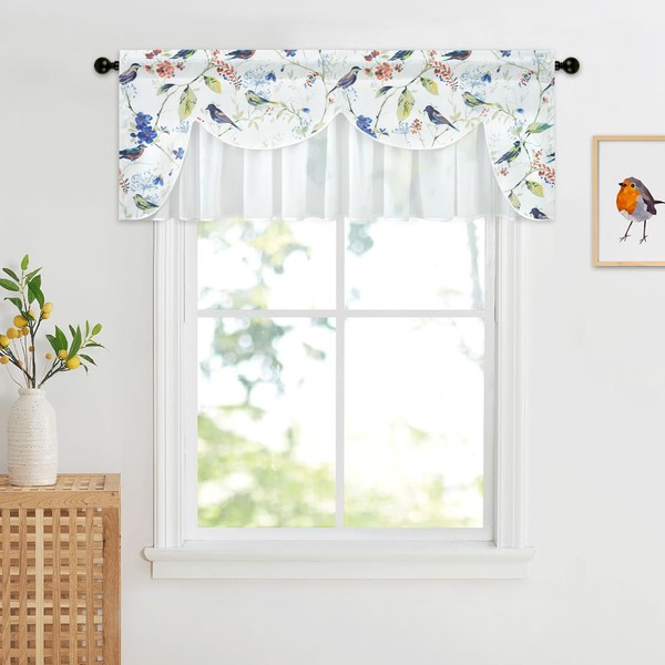 VOGOL Country Style Kitchen Valance Curtains, Blue Birds Pattern Double
