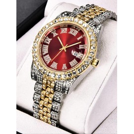 Rhinestone Decor Round Dial Analog Quartz Watch, Fashion Watch for Party, Daily Clothing Decor, Trendy Exquisite Watch for Birthday Gift without Box - Color: Golden, Size: one size fits all