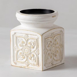 SOFE Antique White Candle Holder, Large Wooden Candle Holders Pillar, Rustic Candle Stand with Floral Patterns, Handmade Candle Stick Holder for Table Centerpiece, Living Room Decor Aesthetic