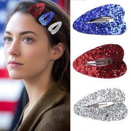 3PCS 4th of July Hair Clips Glitter Sequin Patriotic Hairpins Hair Barrettes Sparkly Red, White and Blue Snap Clips Independence Day Hair Grips Heart Shape Claw Clips for Women National Day Hair Decor