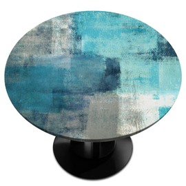 Turquoise Abstract Art Round Table Cover with Elastic Edge, Fitted Tablecloth Waterproof Wipeable Round Table Cover for Kitchen Dining Party Holiday Fits Outdoor Round Plastic Table Cloth 40-44 In