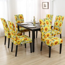 Keyroal Dining Room Chair Covers Set of 6, Stretch Pattern Parsons Chair Slipcovers Spandex Removable Washable Kitchen Chair Protector Cover for Dining Room, Hotel, Ceremony（Sunflower）