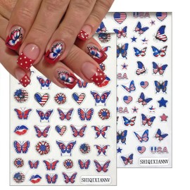 4 Sheets Independence Day Nail Art Stickers 5D Embossed Self Adhesive with American Flag Patriotic Stars Butterfly Design Decals for Women Girls Kid 4th of July Manicure Decorations Accessories