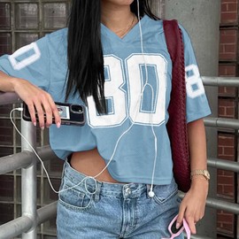 Pairxily Jersey Shirts for Women Oversized Graphic Tees Cute Number Jerseys Shirt for Teens Girls V Neck Y2k Streetwear Tops(Blue,S)