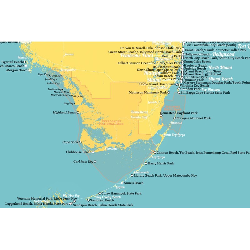 Florida Beaches Checklist Map 24x36 Poster (Marigold & Turquoise)