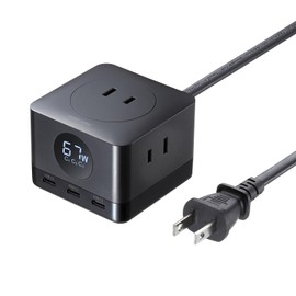 Sanwa Supply TAP-B111C3BK GaN PD67W Tap with USB Rapid Charging Function