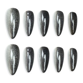 Sun&Beam Nails Handmade Press-on Medium Long Almond Black Silver Cat Eye Design Charming False Nail Tips 10 Pcs (#125 S)