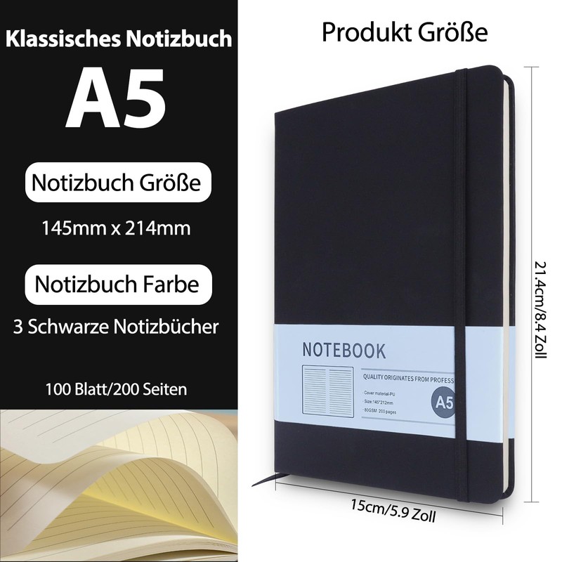 Notebook A5, Pack of 3 Black Hardcover Journal Notebooks, Lined
