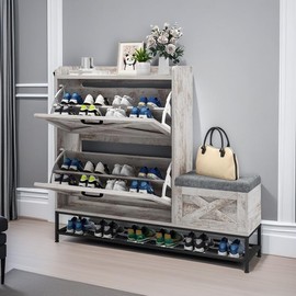 DWVO Farmhouse Style Shoe Cabinet Bench with 2 Flip Drawers Entryway Organizer for 16 Pairs, Narrow Slim Design with Seating for Entryway, Living Room, Hallway (Embossed White)