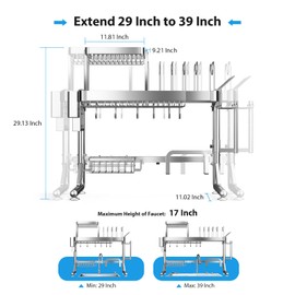 Over Sink Dish Drying Rack, Upgrade 2.5-Tier 304 Stainless Steel Dish Rack Adjustable Length with Pots and Pans Rack, Modern Over The Sink Dish Drainer Rack for Kitchen Storage Counter Organizer