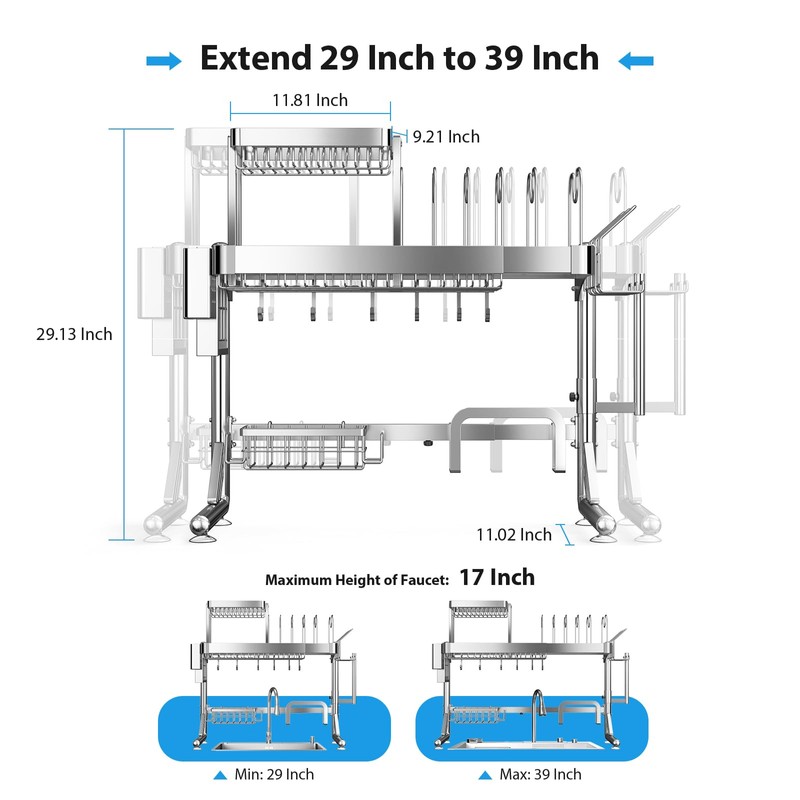 Upgrade 3 Tier Over Sink Dish Drying Rack Adjustable Width