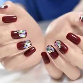 iMABC Luxury Deep Red 3D Rhinestone False Nails Medium Squoval Glossy Press on Nails Salon Manicure Reusable Fake Nail Art Tips Daily Fingernails