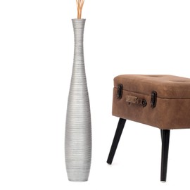 LEEWADEE Large Floor Vase – Handmade Flower Holder Made of Wood, Sophisticated Vessel for Decorative Branches and Dried Flowers, 28 inches, Silver-Coloured