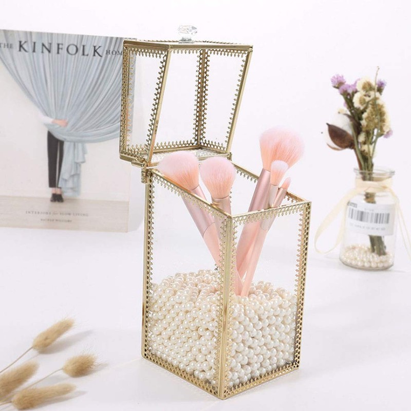 L-Lei Makeup Brush Holder with Lid,Clear Glass Makeup Brush Organizer