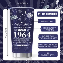 ROCY&CHAO Blue White 60 Year Old Men Women Birthday Gifts Tumbler 20oz, Happy 60th Birthday Gifts Mug, Sweet 60 Gifts for Women Men, 60 Year Old Birthday Gift Ideas Cup, 60th Birthday Decorations