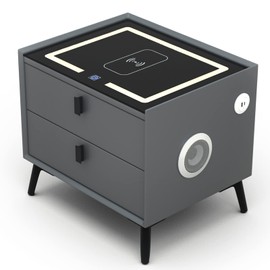 Smart Nightstands with Wireless Charging Station, USB Port, Nightstand with 3 Color LED Lights and Speaker, Modern Wooden End Side Table for Bedroom, Dorm, 2 Storage Drawers