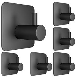 Honmein Honmein 6 Pcs Adhesive Wall Hooks for Hanging - Waterproof Shower Hooks, Heavy Duty Towel Hooks for Bathrooms, Kitchens, and Offices (Black)
