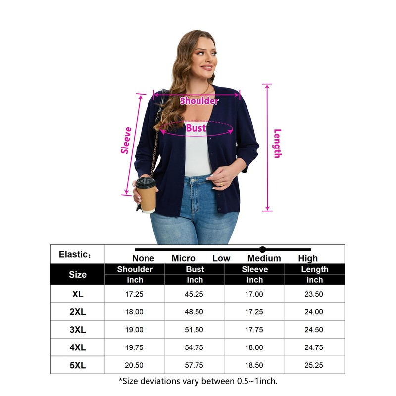 Cárdigan de manga 3/4 con botones para mujer, azul#, XL