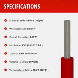 14 AWG Gauge UL1007 Solid Hook-Up Wire, 300V, 0.0641" Diameter, Yellow, 25' Length