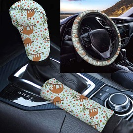 TOADDMOS 3 Pcs Lovely Sloth Animal Print Soft Steering Wheel Cover Handbrake Shift Cover Anti Slip Universal Car Decoration