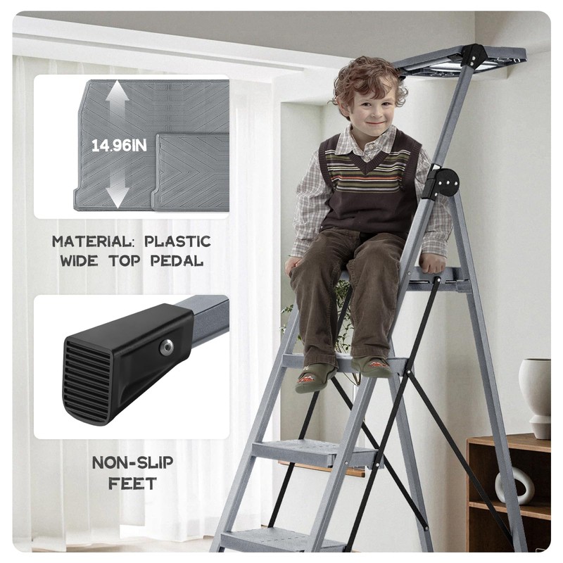 XinSunho 5 Step Ladder, Foldable Step Stool Ladder with Handrails