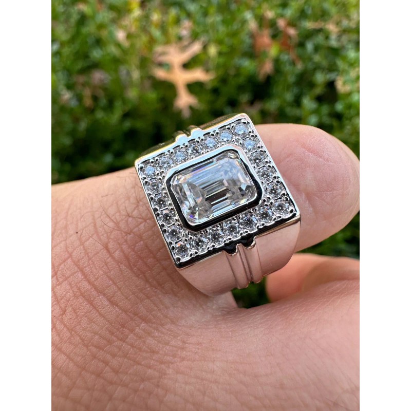 Harlembling Big 2.6ct Emerald Cut MOISSANITE Solitaire Mens Real Solid