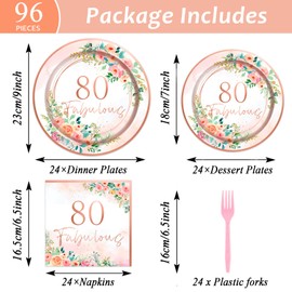 OBUSATT 96Pcs Floral 80 Fabulous Party Supplies 80th Birthday Paper Plates Napkins Rose Gold Party Decorations 80 Years Dinnerware Party Favor Women 80th Tableware Serves 24