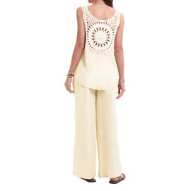 RuoRayVan Women's 2 Pieces Going Out Outfits Casual Loose Sleeveless Tank Top & Wide Leg Pant Sets Summer Matching, Apricot, Medium