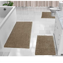 Yimobra 3 Piece Shaggy Chenille Bath Mat Sets, Extra Large Bathroom Mats 44.1x24 + Bathroom Rugs 31.5x19.8 + Toilet Mat 24.4x20.4, Soft Comfortable, Water Absorbent, Non-Slip, Machine Washable, Camel