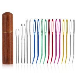 18pcs Large Eye Hand Knitting Needles, Aluminum Big Eye Sewing Needles Kit with Curved Needle & Blunt Needle & Wooden Needle Case for Quilting Beading Crochet Projects for Twine Yarn Wool