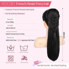 HOOJIH Ponytail Extension, 20 Inch Long Braid Black Drawstring Clip in on Ponytail Hair Extensions Synthetic Hairpiece for Women - Black