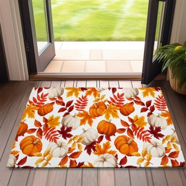Thanksgiving Day Front Door Mat,Autumn Leaves Indoor Outdoor Entrance,Thanksgiving Pumpkin Welcome Mats,Non-Slip Door Mats,Low Profile Front Door Mat,Entryway Mat for Porch Patio 17''x30''