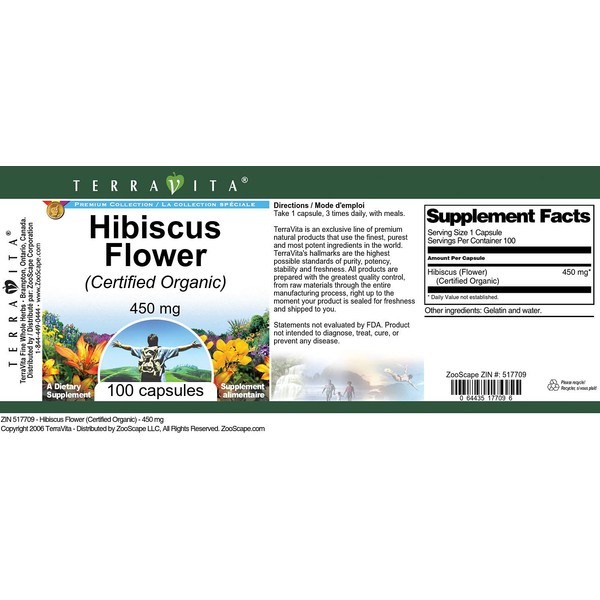 Hibiscus Flower (Certified Organic) - 450 mg (100 Capsules, ZIN: 517709) - 3 Pack