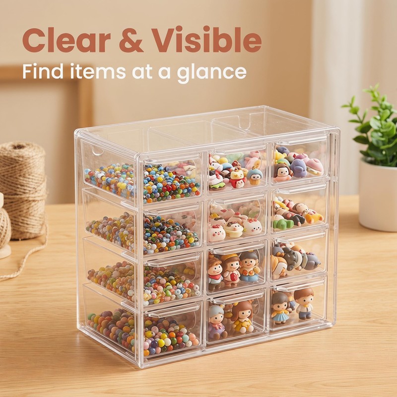 PIPITREE Acrylic Drawer Organizer, Clear Desk Organizer with Drawer, Plastic