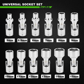 TecoTek 12-Piece 1/4-Inch Drive Metric Universal Joint Socket Set, Swivel Socket Set, 6-Point, 5mm to 15mm, CR-V, Universal Flex Socket for Easier Access to Tight Spaces