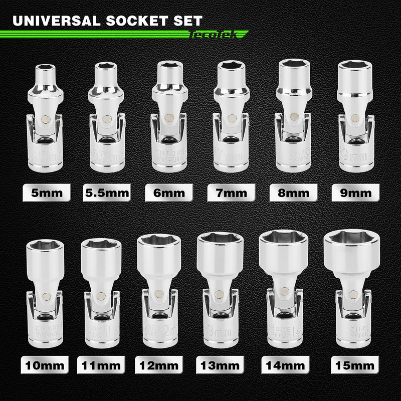 TecoTek 12-Piece 1/4-Inch Drive Metric Universal Joint Socket Set, Swivel