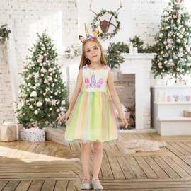 URAQT Unicorn Costume, Princess Unicorn Dress Fancy Dress with Necklace, Headband for Kids & Toddlers Birthday/Cosplay/Hallween Party,Yellow 120CM